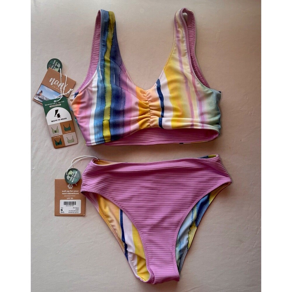 Nani Swimwear Reversible 2-Piece Ribbed Stripe Ruched Bikini Set Pink S